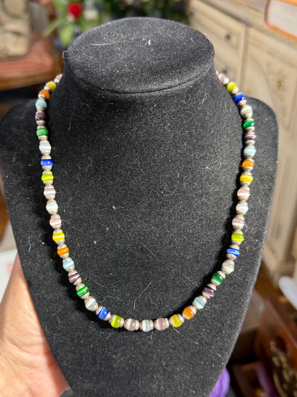 Vintage 925 Sterling Silver Multicolor Glass Bead Necklace